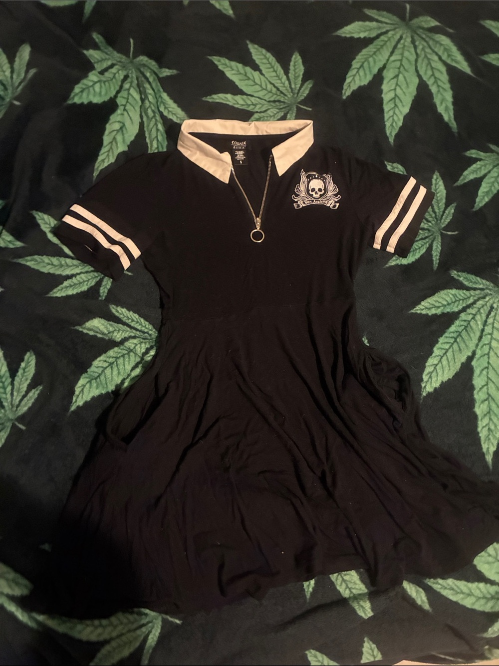 Hex academy Black Mini Polo Dress with Cream Collar & Sleeve Stripes